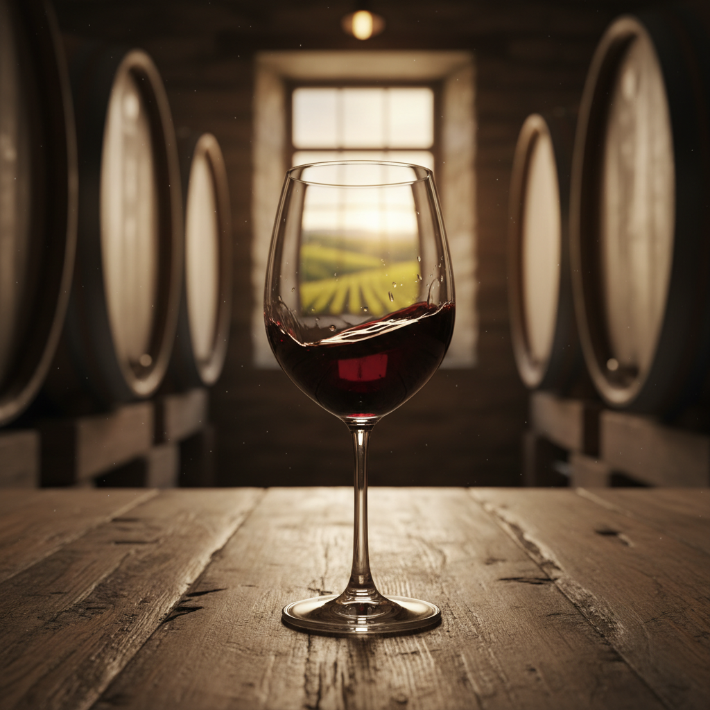 Taça de vinho Bonarda tinto sobre mesa rústica em adega, com barris e vinhedo ao fundo.