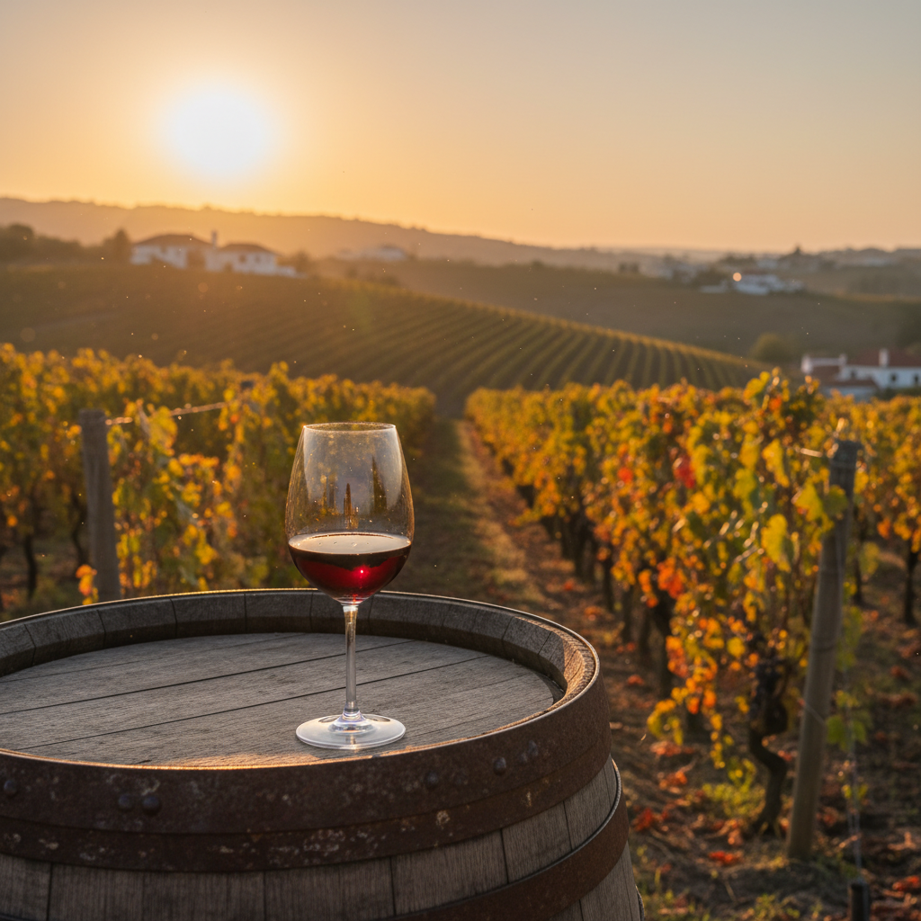 Taça de vinho tinto Castelão sobre um barril de carvalho em um vinhedo português ao pôr do sol.