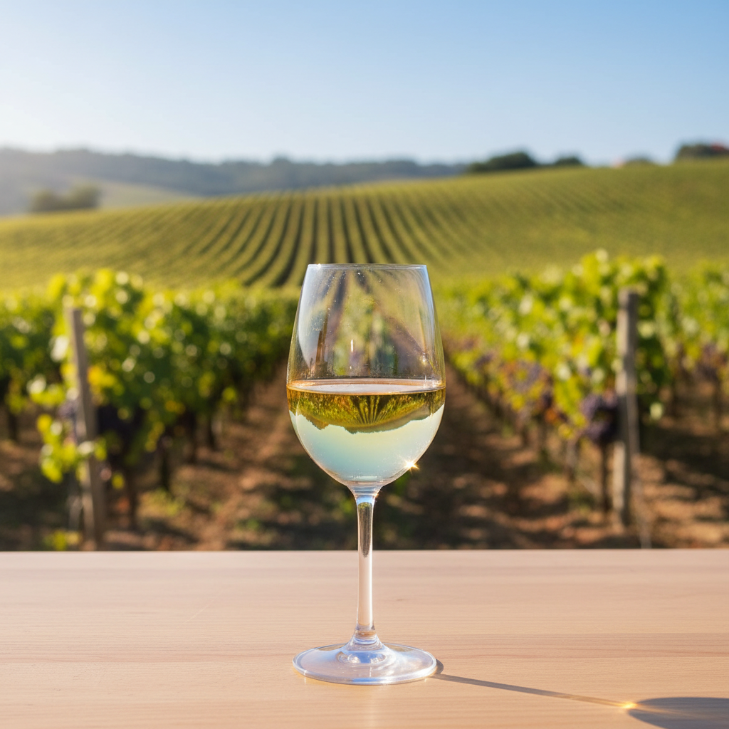 Taça de vinho branco Fernão Pires/Maria Gomes com reflexos dourados, sobre uma mesa de madeira, com um vinhedo português ensolarado ao fundo.