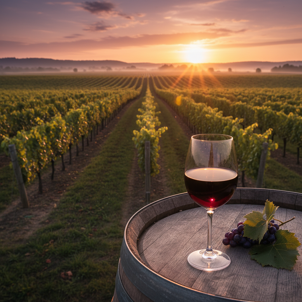 Taça de vinho Gamay Noir em um barril de madeira em um vinhedo ao pôr do sol, com videiras de Gamay Noir ao fundo.