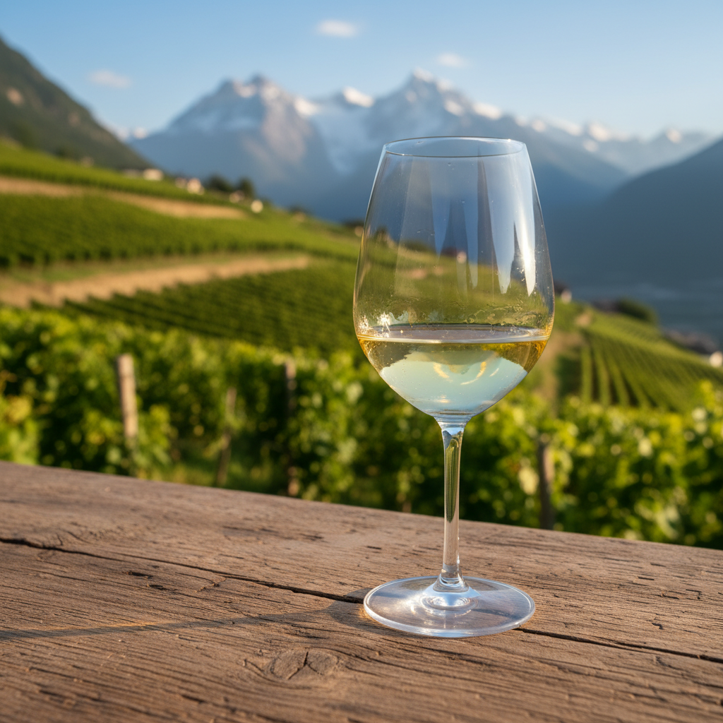 Taça de vinho branco Jacquère em mesa de madeira rústica, com vinhedos alpinos e montanhas nevadas ao fundo.