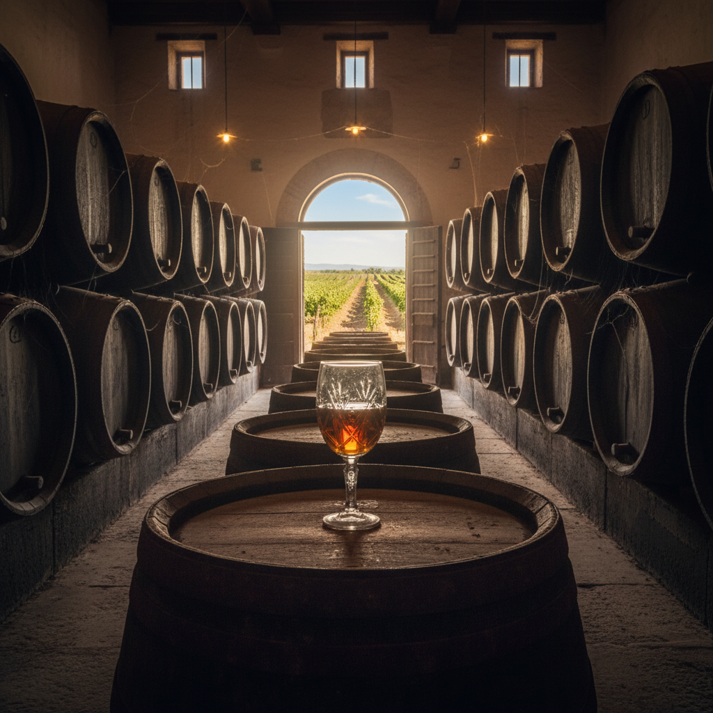 Taça de vinho de Jerez repousando sobre um barril de carvalho em uma adega tradicional, com as soleras ao fundo e a luz do sol entrando de um vinhedo.