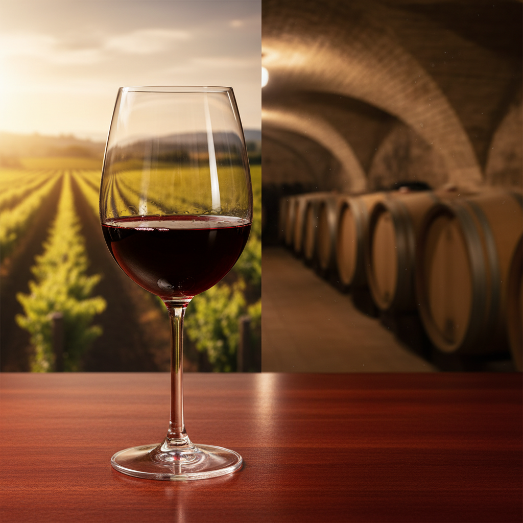 Taça de vinho tinto Merlot sobre mesa de madeira com vinhedo ou adega ao fundo
