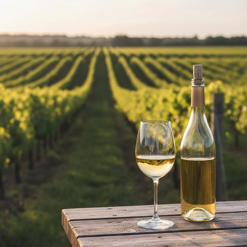 Taça de vinho Bacchus em um vinhedo ensolarado, com garrafa e paisagem rural ao fundo.