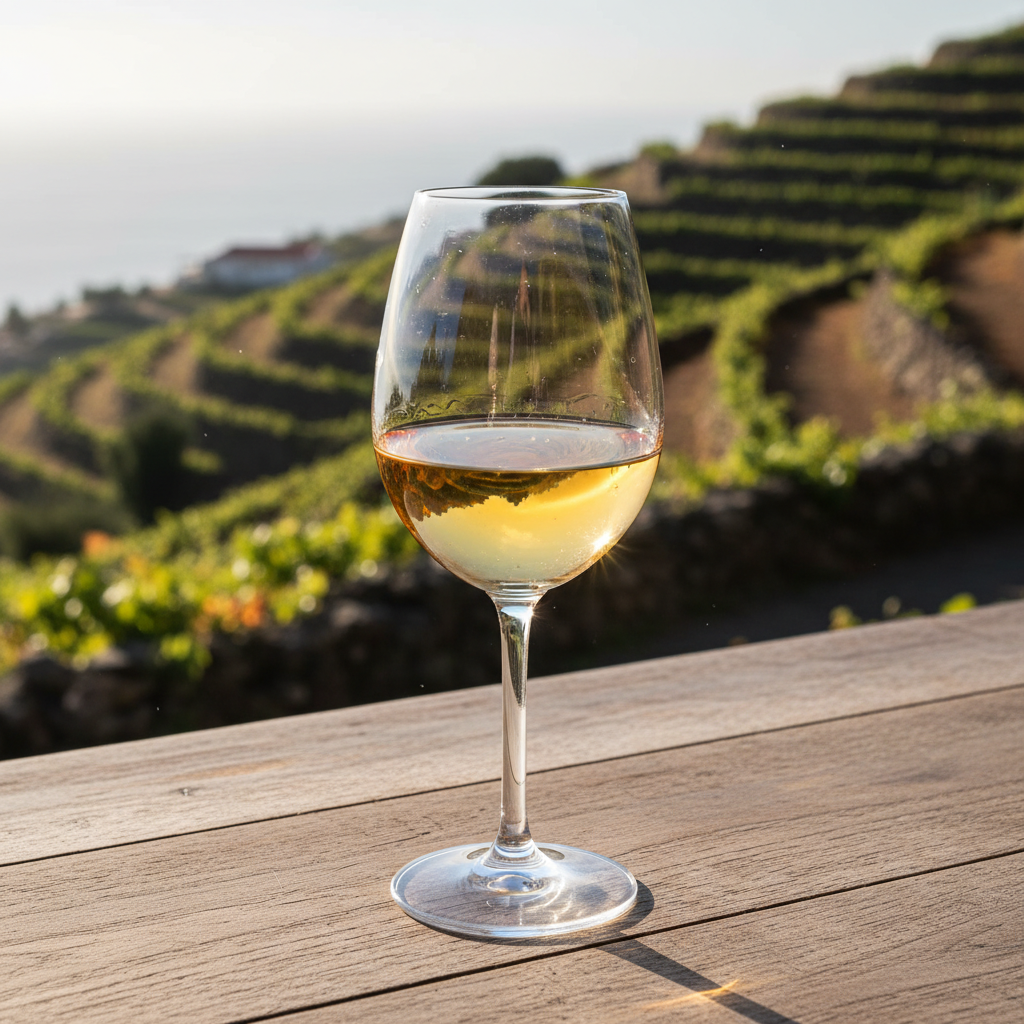 Taça de vinho Sercial em mesa de madeira rústica com vinhedos da Madeira em segundo plano.