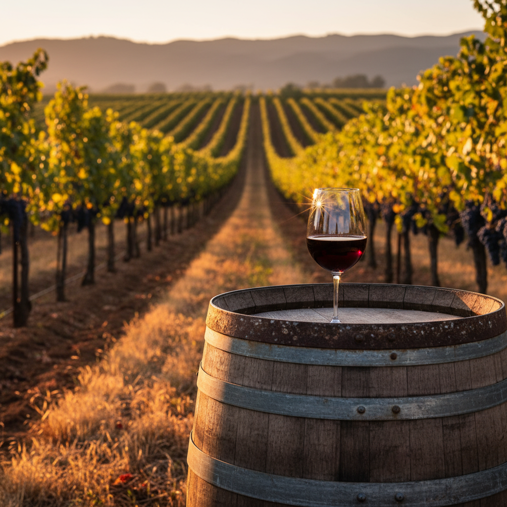 Vinhedo de Zinfandel na Califórnia ao pôr do sol, com um copo de vinho tinto e um barril de carvalho em primeiro plano.