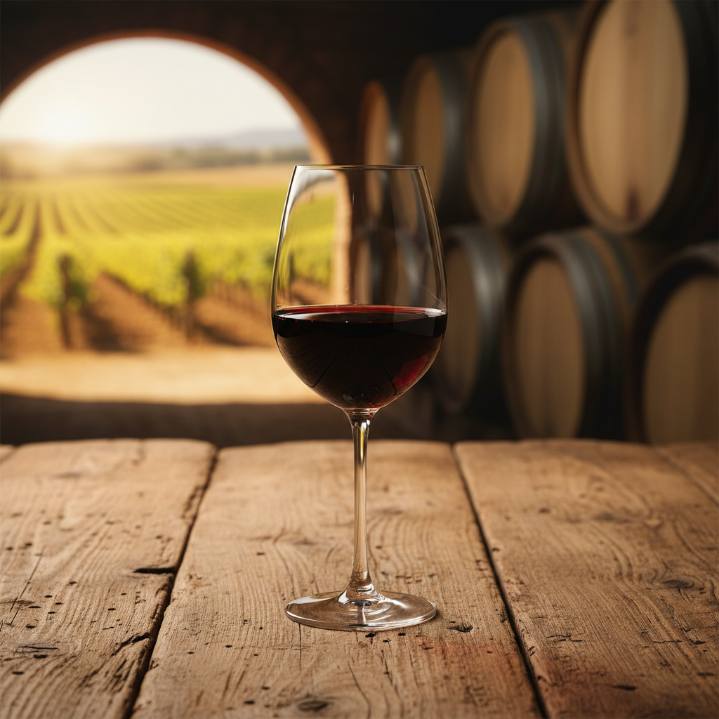 Taça de vinho tinto Merlot em uma mesa rústica, com vinhedo ou barris de carvalho desfocados ao fundo, evocando qualidade e acessibilidade.
