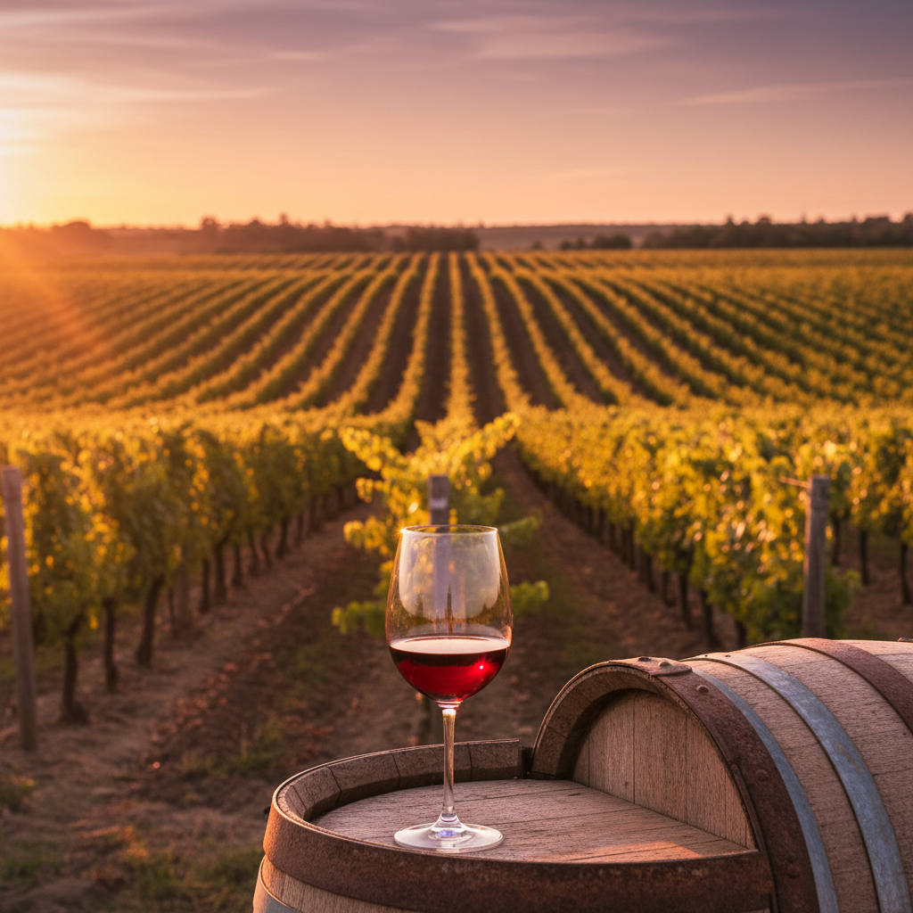 Taça de vinho tinto Merlot em um barril de carvalho, com um vinhedo de uvas Merlot ao fundo, sob a luz do pôr do sol.