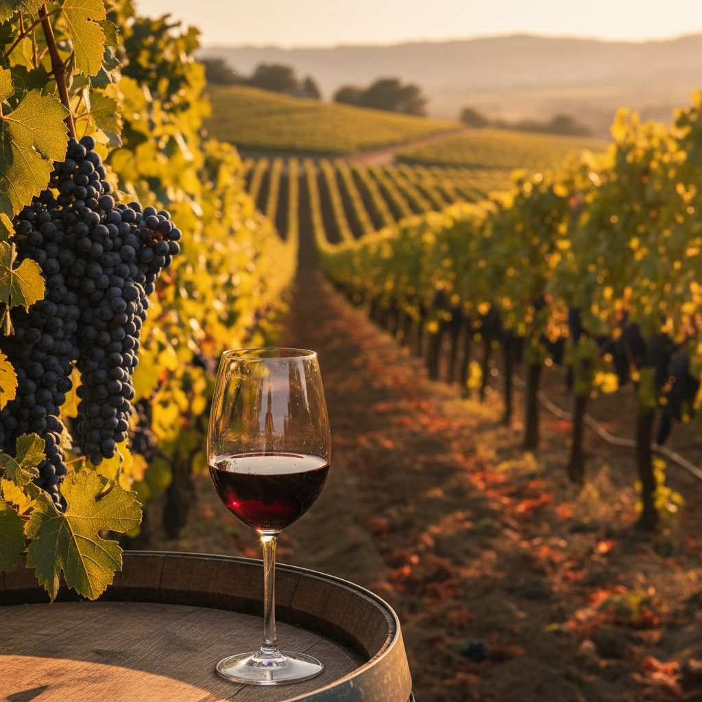 Taça de vinho tinto Merlot em um vinhedo ao pôr do sol, simbolizando o consumo consciente e a conexão com a natureza.