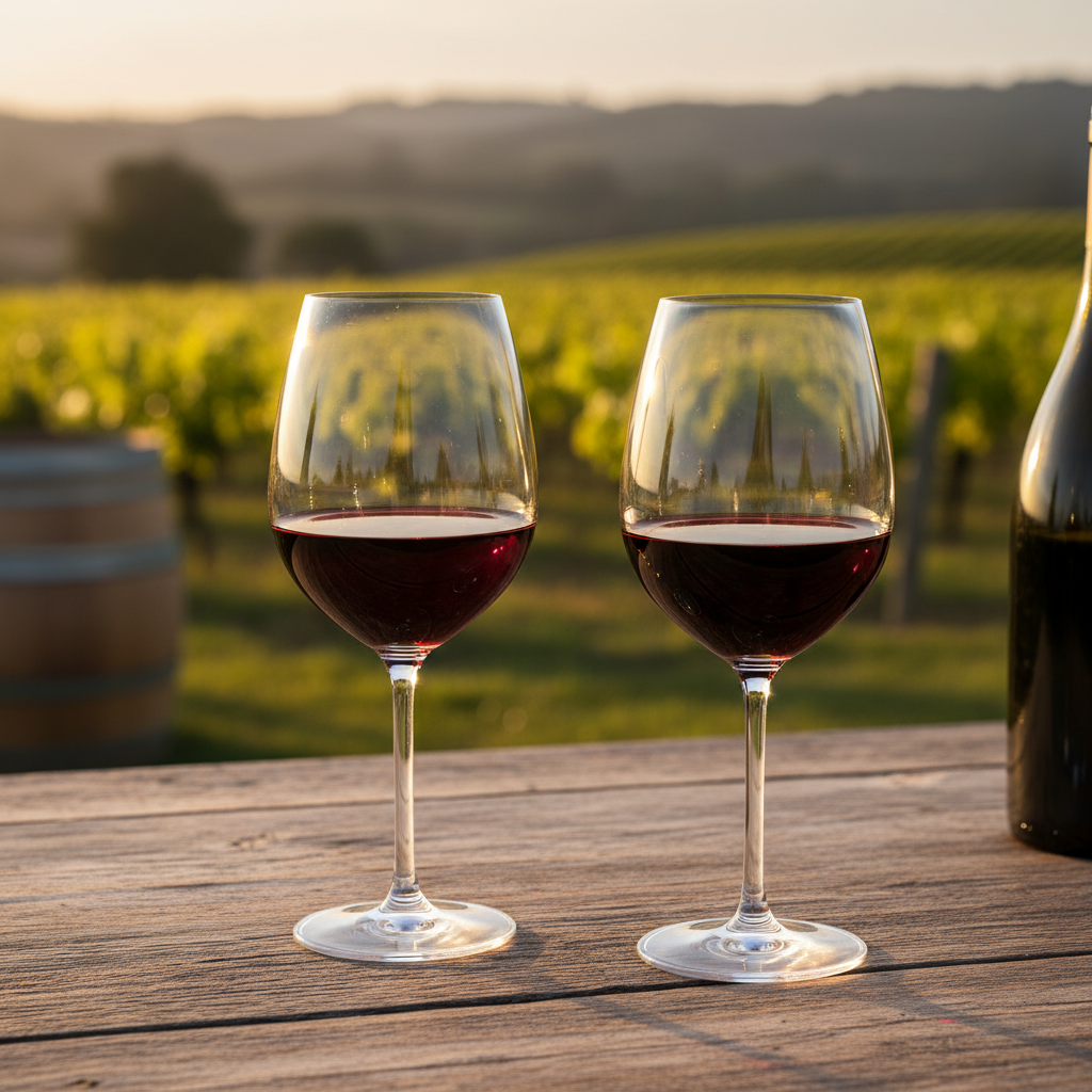 Duas taças de vinho tinto (uma Merlot, outra Cabernet Sauvignon) em uma mesa de madeira rústica em um vinhedo ao pôr do sol, com videiras ao fundo.