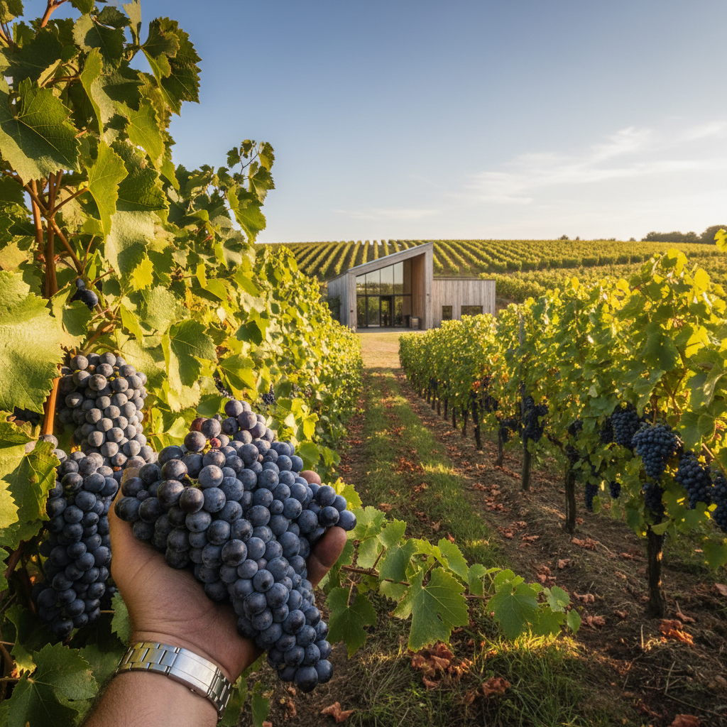 Vinhedo de Pinot Meunier durante a colheita, com uvas maduras e um ambiente que remete à produção de vinhos de qualidade.