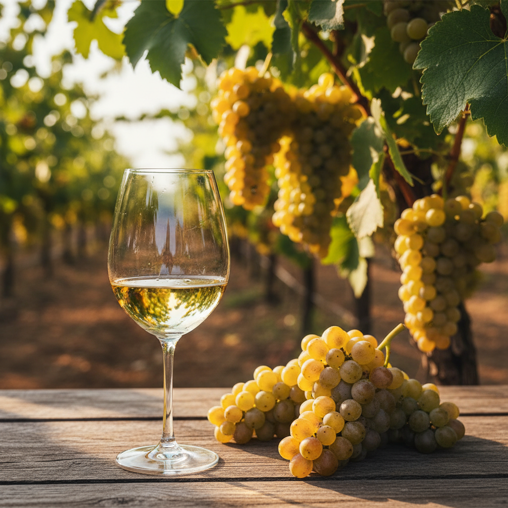 Cachos de uva Muscat of Alexandria maduros em vinhedo ensolarado, com taça de vinho branco em mesa rústica.