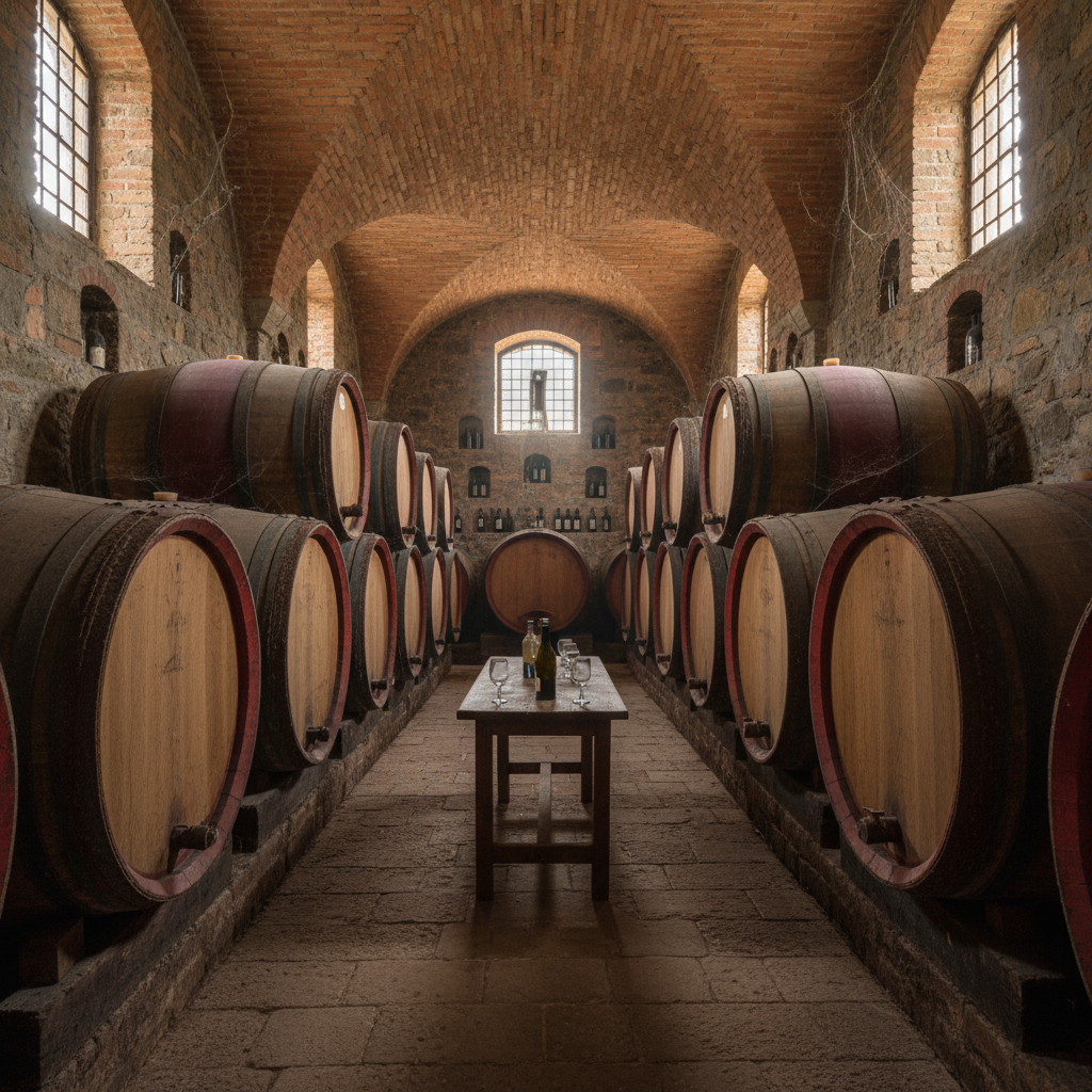 Barricas de carvalho em uma adega histórica de Montalcino, Itália, local de envelhecimento do vinho Brunello.