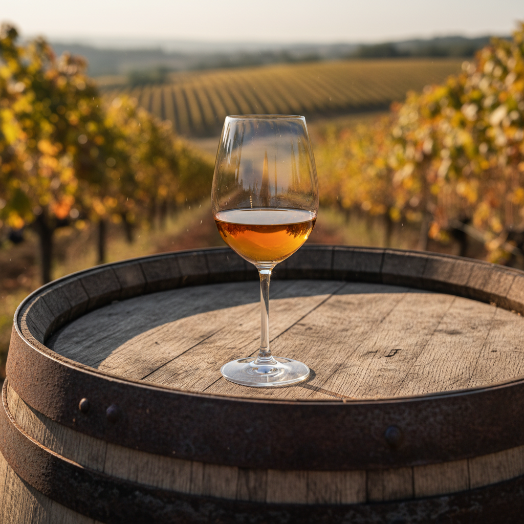Taça de vinho Roussanne dourado sobre barril de carvalho em adega, com vinhedo de Roussanne ao fundo sob luz do sol.