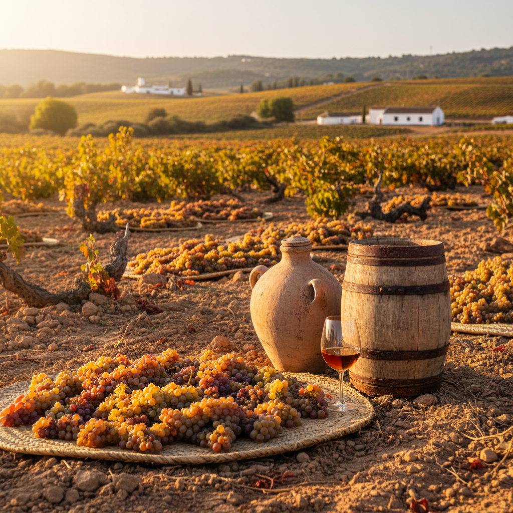 Vinhedo de Pedro Ximénez em Montilla-Moriles com uvas secando ao sol, um barril de carvalho e um copo de vinho PX, destacando a tradição da região.