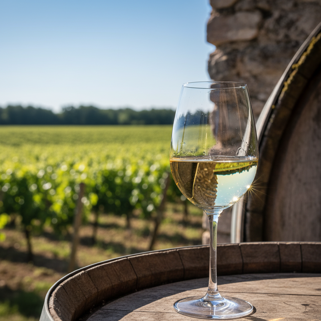 Taça de vinho branco Müller-Thurgau com coloração amarelo-palha em um vinhedo ensolarado, com vinhas verdes e um barril de carvalho rústico no fundo desfocado.