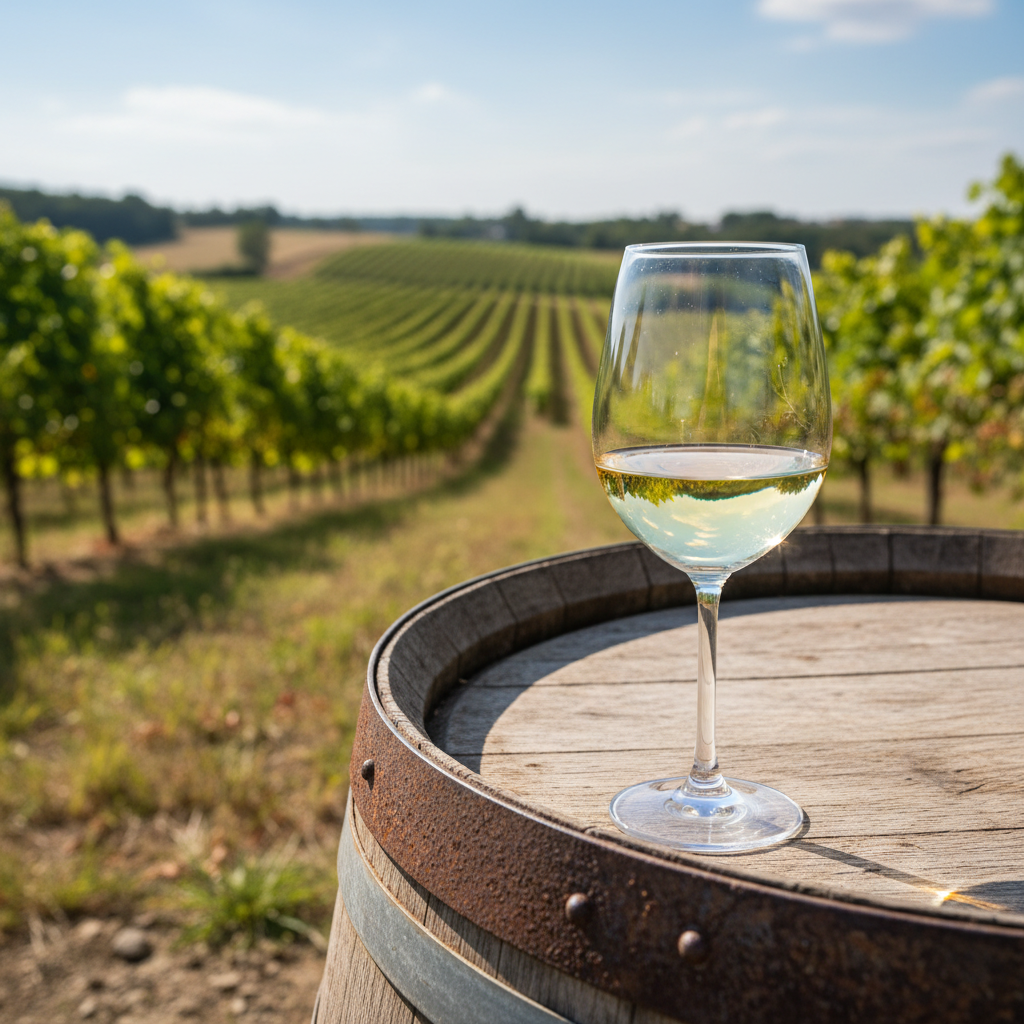 Taça de vinho branco sobre barril de madeira em um vinhedo de Müller-Thurgau sob luz solar.