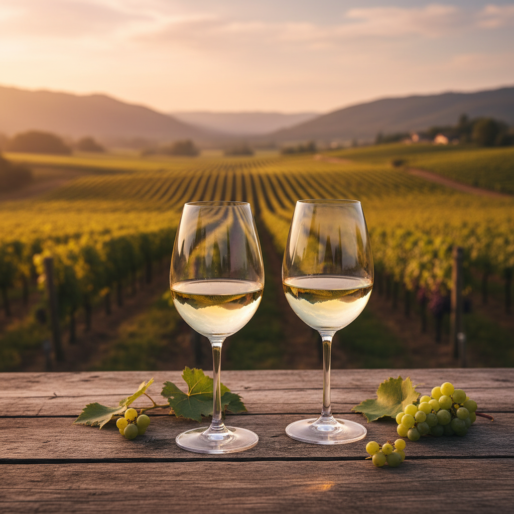 Duas taças de vinho branco, uma de Müller-Thurgau e outra de Riesling, em uma mesa rústica com um vinhedo alemão ao fundo, sob a luz do pôr do sol.