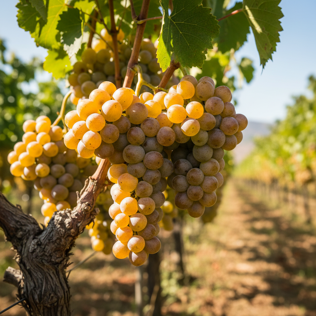 Cacho de uvas Muscat de Alexandria maduras em um vinhedo ensolarado, com grãos dourados e viçosos, prontos para diversos usos além do vinho.