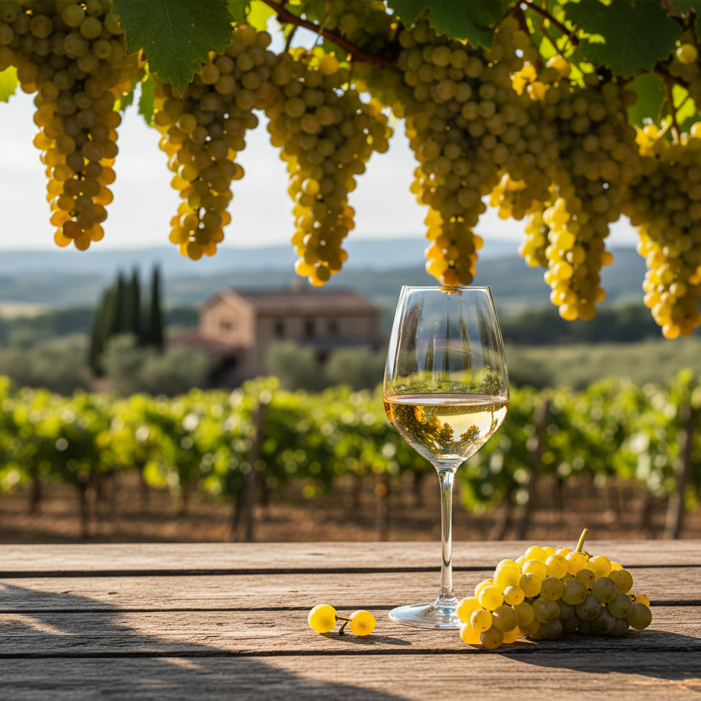 Vinhedo de uvas Moscatel ao sol com uma taça de vinho Moscatel dourado, pronto para degustação.