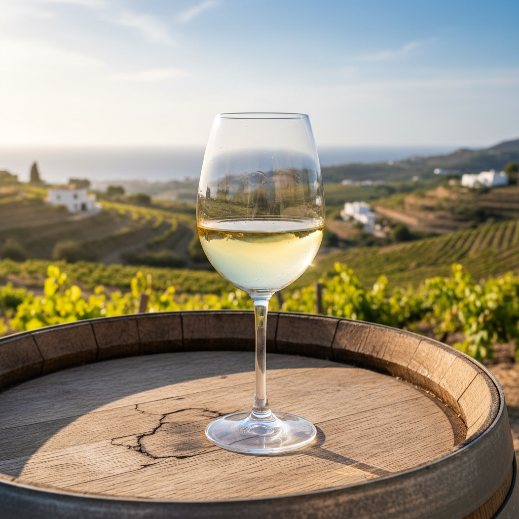 Taça elegante de vinho Muscat of Alexandria em uma mesa rústica de madeira, com um vinhedo mediterrâneo ensolarado e sereno ao fundo.