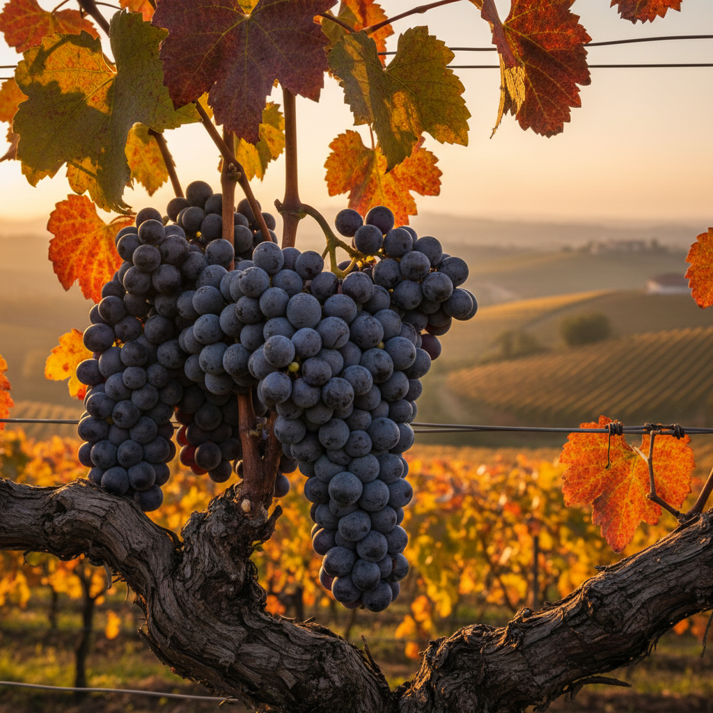 Cacho de uvas Nebbiolo maduras em um vinhedo no Piemonte ao pôr do sol, refletindo a beleza da região.