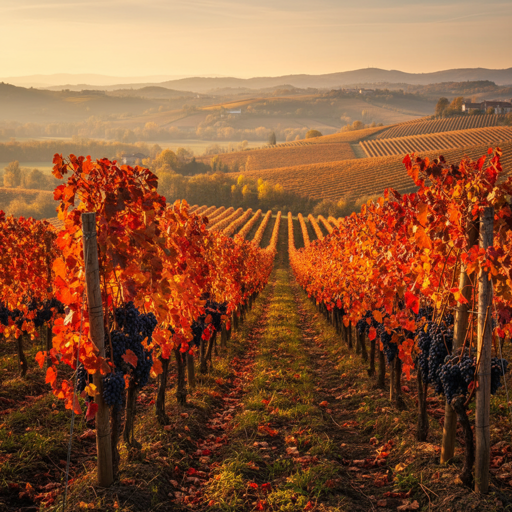 Vinhedo de Nebbiolo em Langhe, Piemonte, durante o outono, com folhas avermelhadas e a luz dourada do pôr do sol.