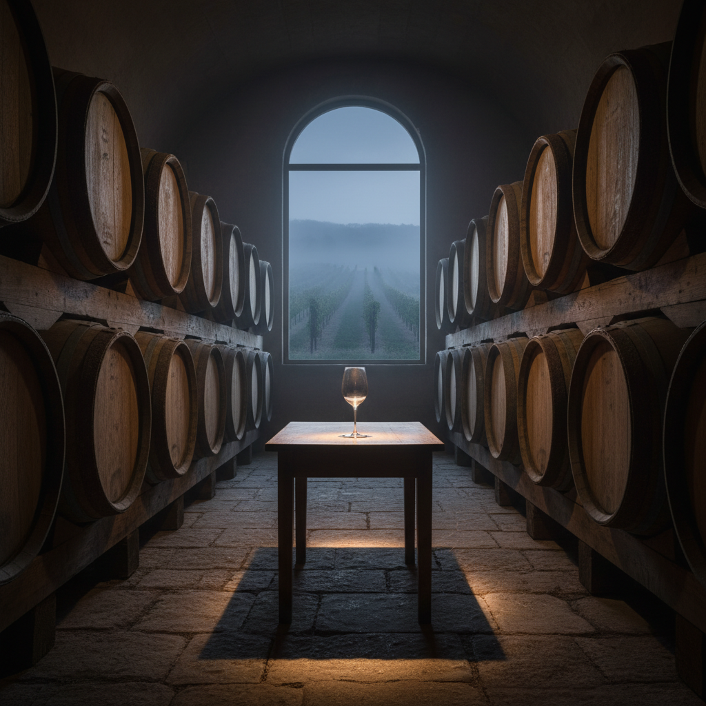 Cena em uma adega escura com barris de carvalho envelhecendo vinho Nebbiolo, uma taça elegante sobre a mesa e um vislumbre de um vinhedo ao fundo, sugerindo o processo de guarda.