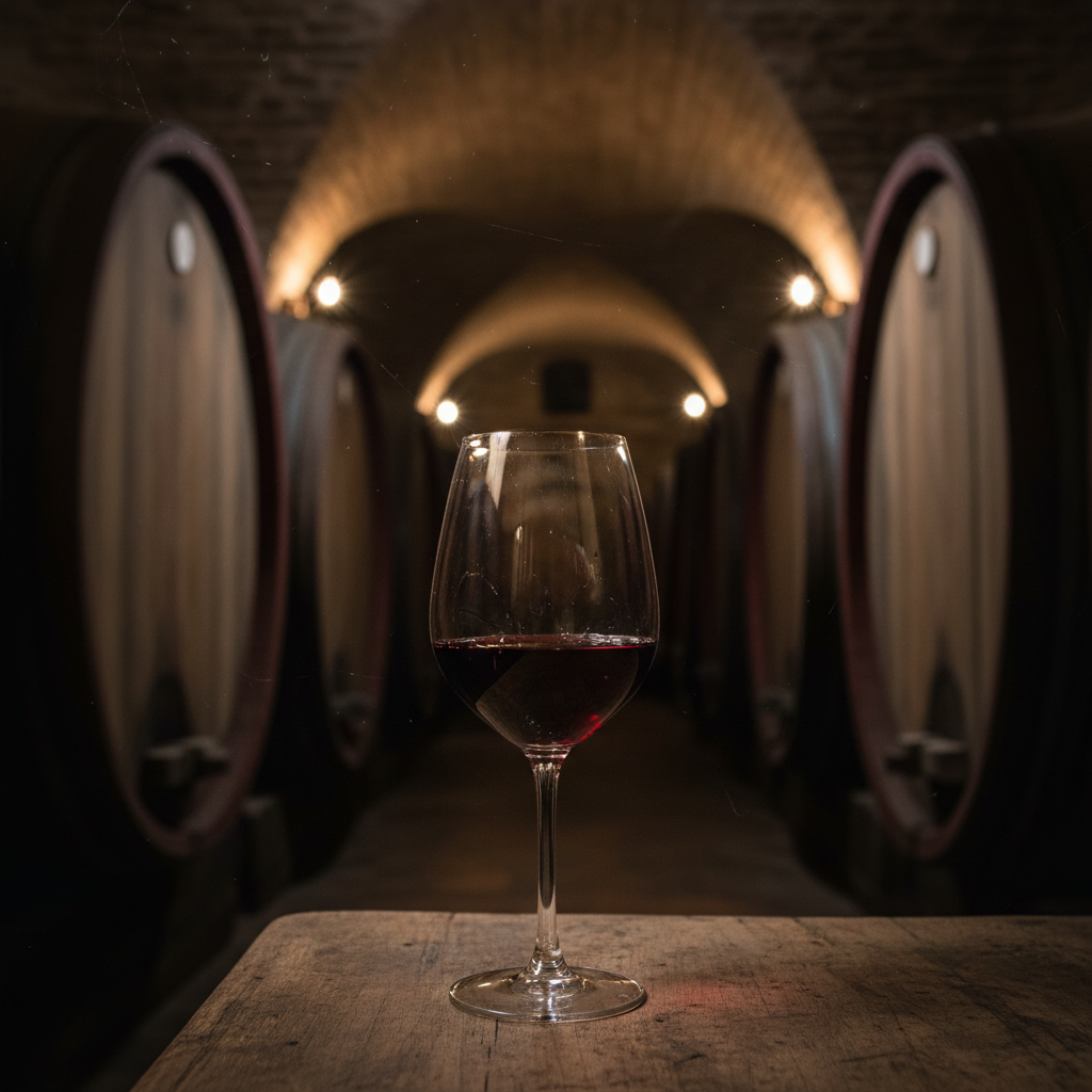 Taça de vinho Nebbiolo com tons granada em uma adega tradicional com barris de carvalho.