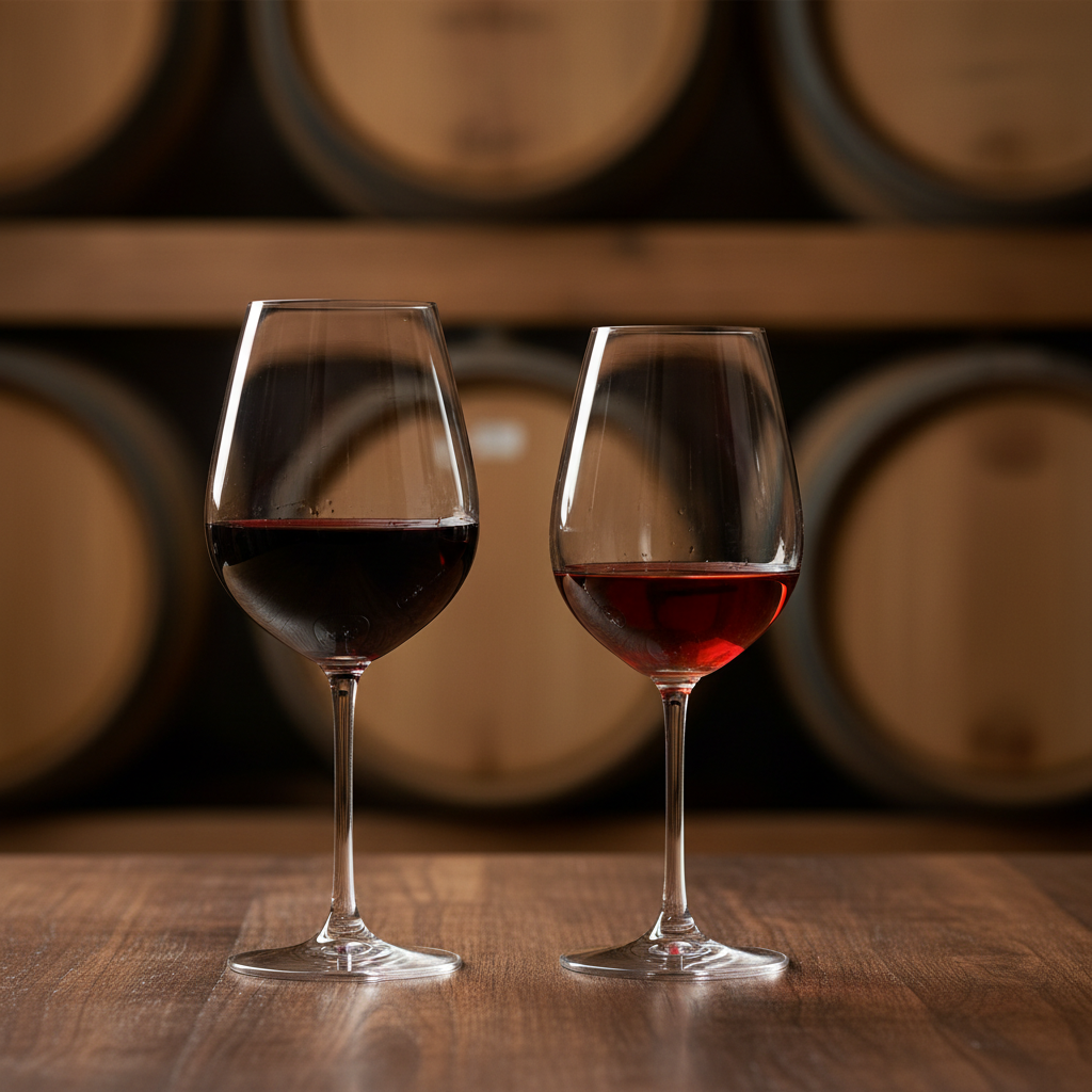 Duas taças de vinho tinto, representando Nebbiolo e Pinot Noir, dispostas em uma adega elegante com barris de carvalho ao fundo, sob iluminação suave.