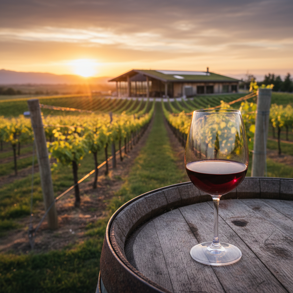 Taça de vinho tinto repousando sobre um barril de carvalho em um vinhedo moderno e sustentável ao pôr do sol, com fileiras de videiras ao fundo.