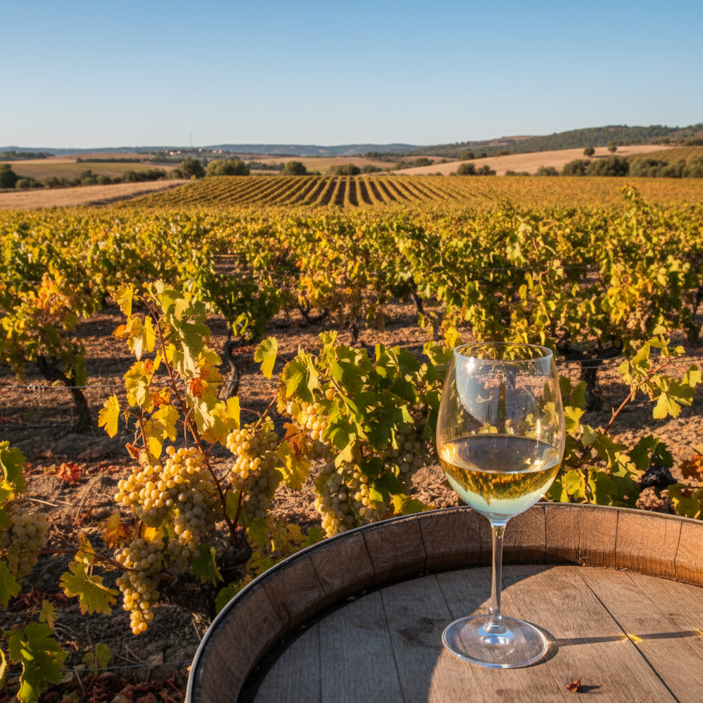 Vinhedo de Airén em La Mancha, Espanha, com um copo de vinho branco jovem sobre um barril de madeira, sob o sol.