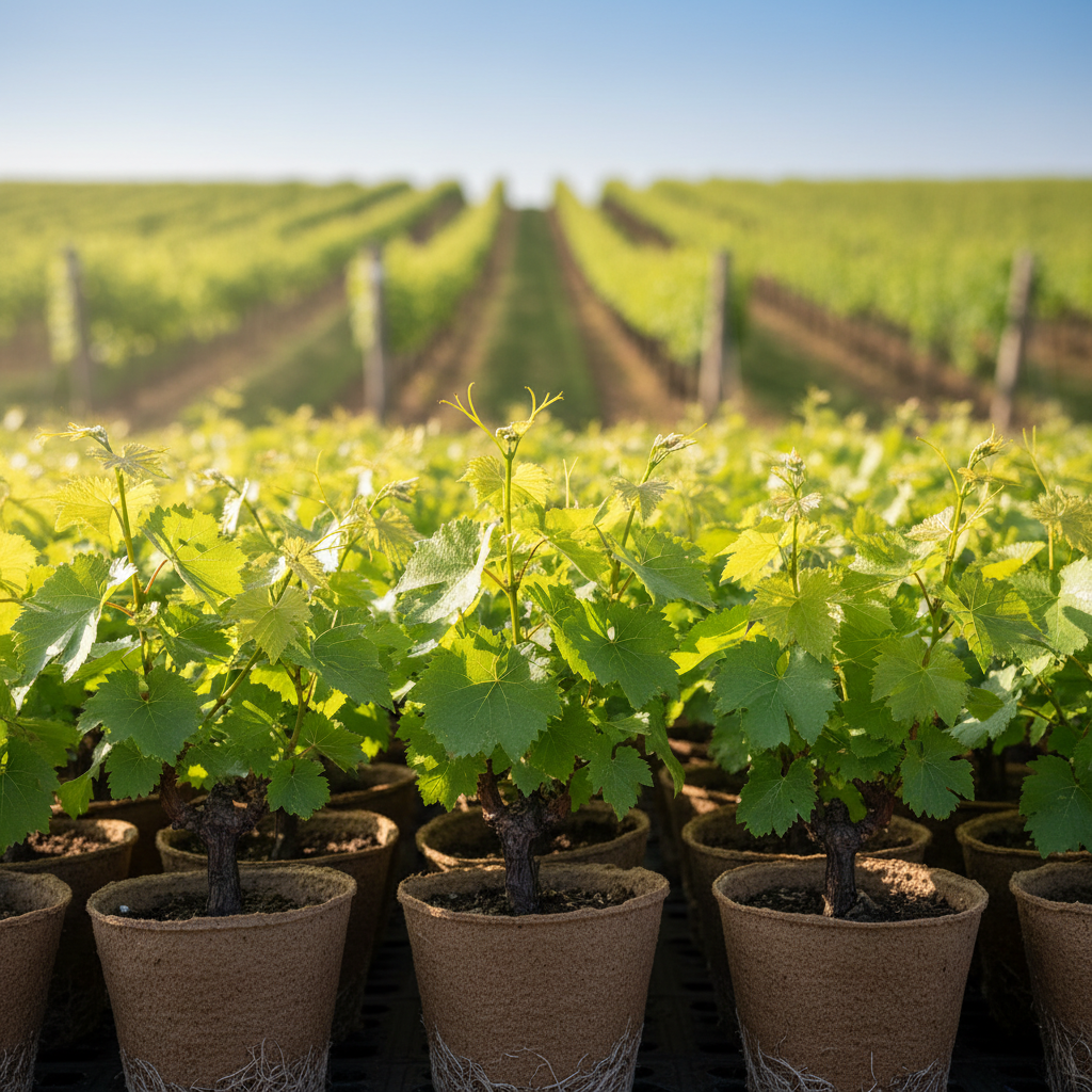 Mudas saudáveis de uva Isabella prontas para o plantio, em um viveiro ou vinhedo ensolarado, simbolizando o início de um cultivo de sucesso.