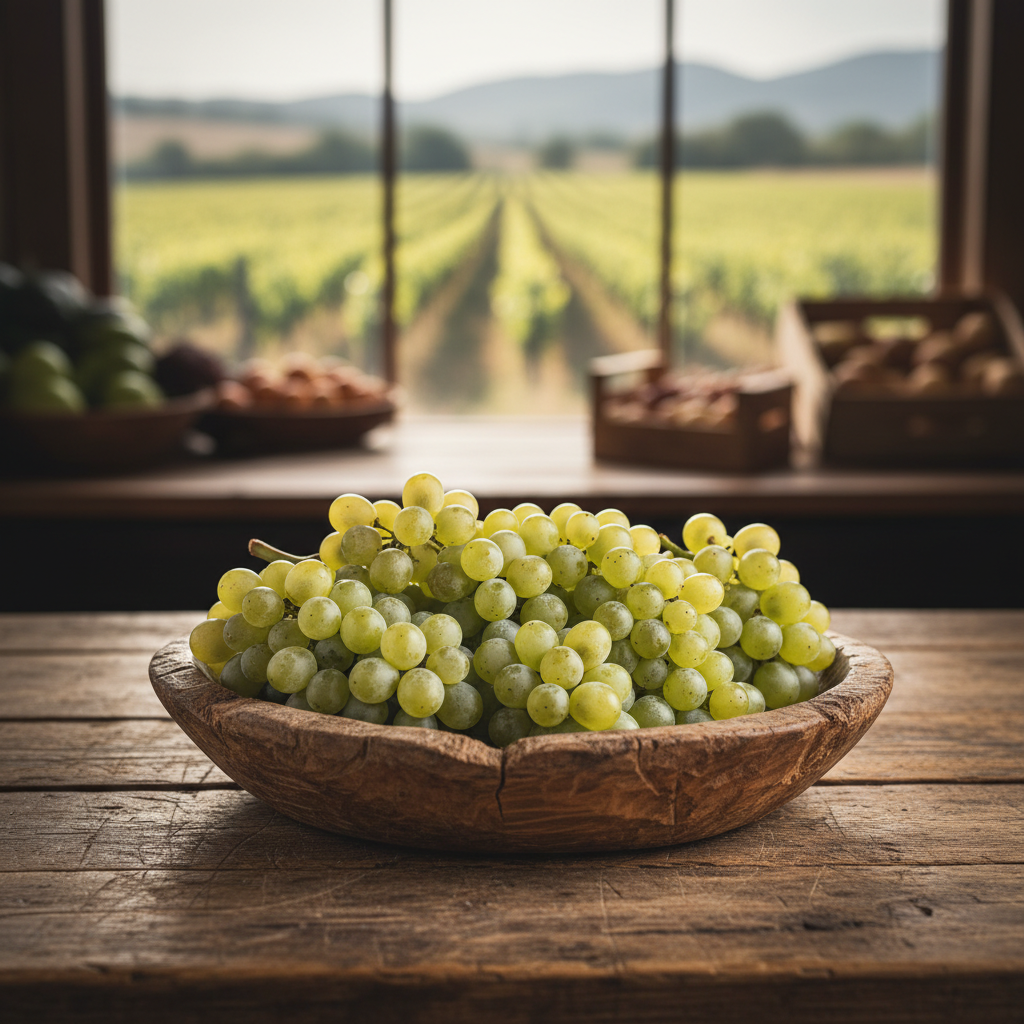 Cacho de uvas frescas de cor verde pálido em tigela de madeira, com fundo desfocado de vinhedo ou mercado.