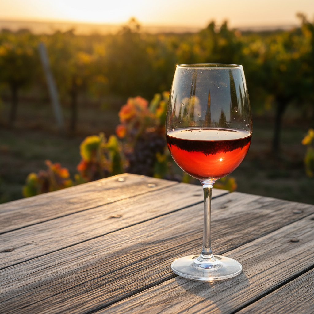 Taça de vinho Blauer Portugieser com vinhedos iluminados pelo sol ao fundo.
