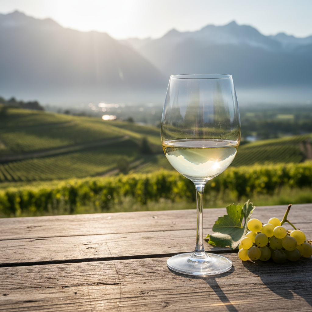 Taça de vinho branco Jacquère em um cenário alpino, com vinhedos da Savoie ao fundo.