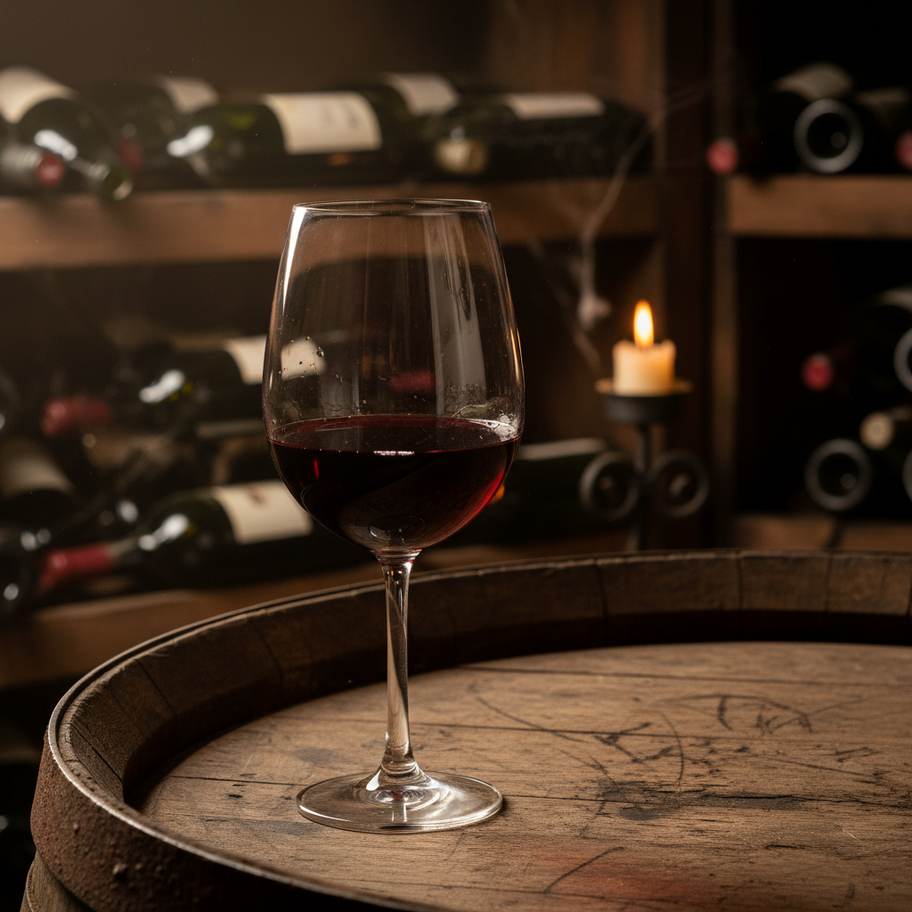 Taça de vinho Gamay sobre barril de madeira em adega, com garrafas ao fundo, transmitindo a atmosfera de degustação e armazenamento.