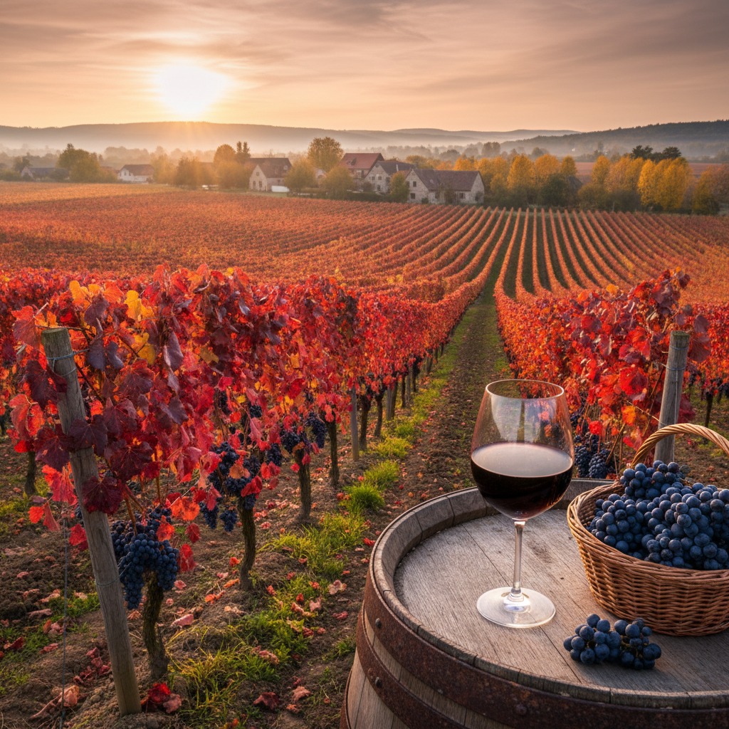 Vinhedo de St. Laurent em plena colheita de outono na Europa Central, com folhas de videira em tons de vermelho e roxo, e um copo de vinho tinto sobre um barril rústico.