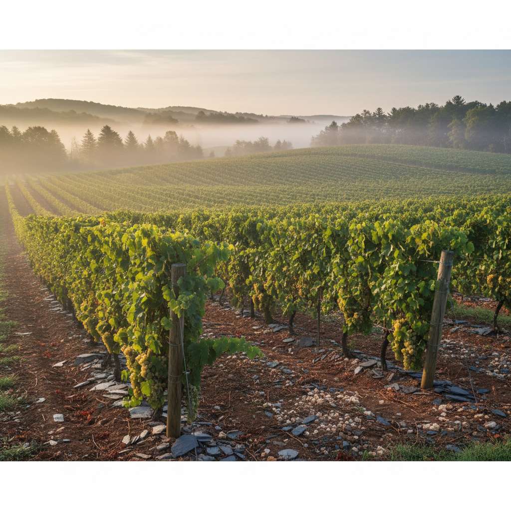 Vinhedo de Seyval Blanc em uma região de clima frio, com vinhas verdes e solo característico, sob uma leve neblina matinal.