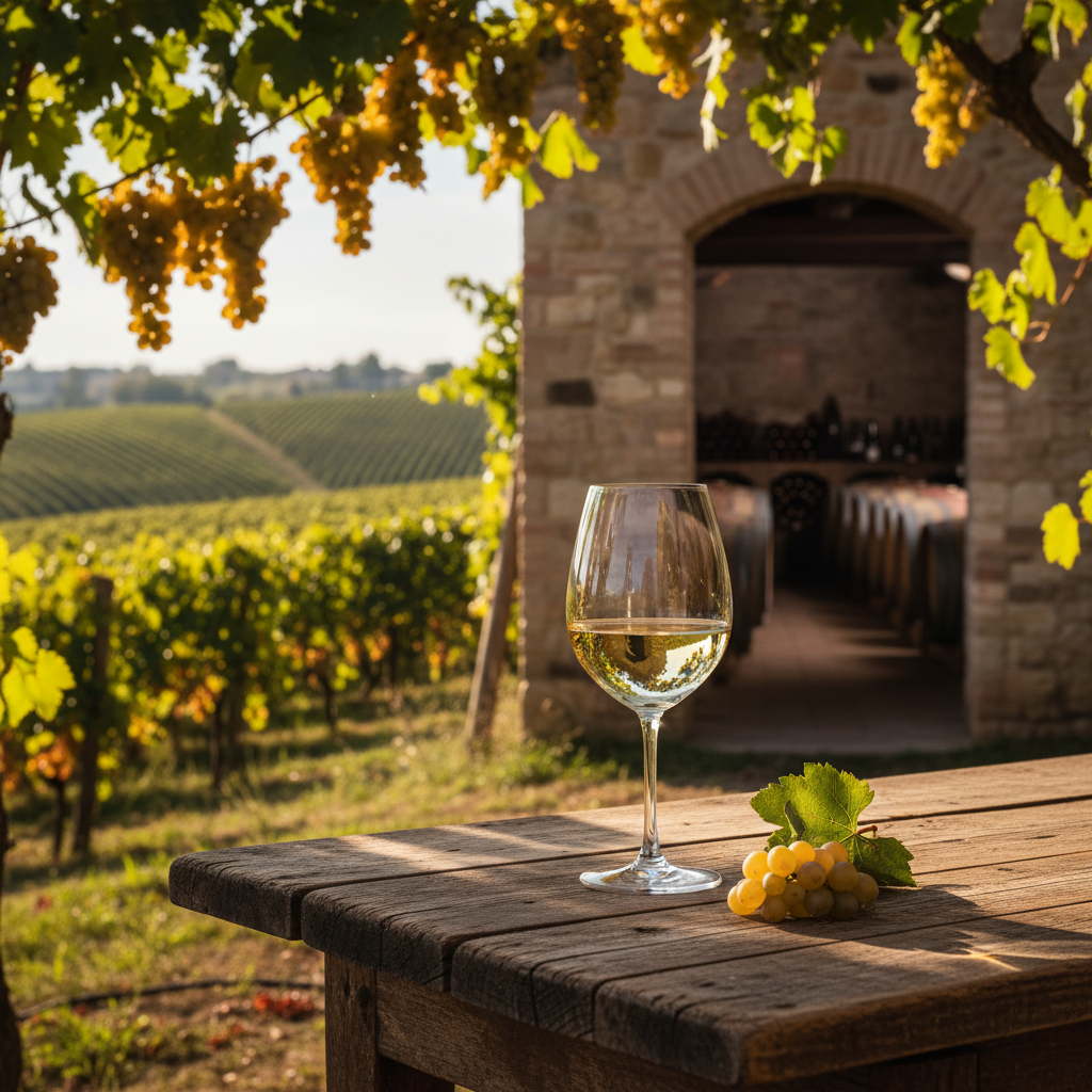 Vinhedo de Garganega ao pôr do sol com taça de vinho branco em primeiro plano e adega ao fundo
