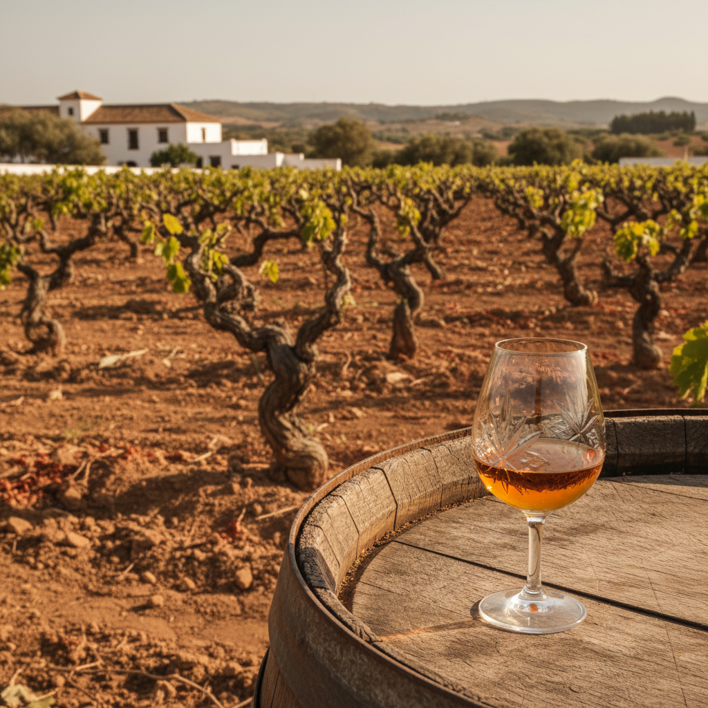 Vinhedo antigo de uvas Palomino na Andaluzia, Espanha, com uma taça de vinho de Xerez sobre um barril de carvalho, simbolizando a tradição.