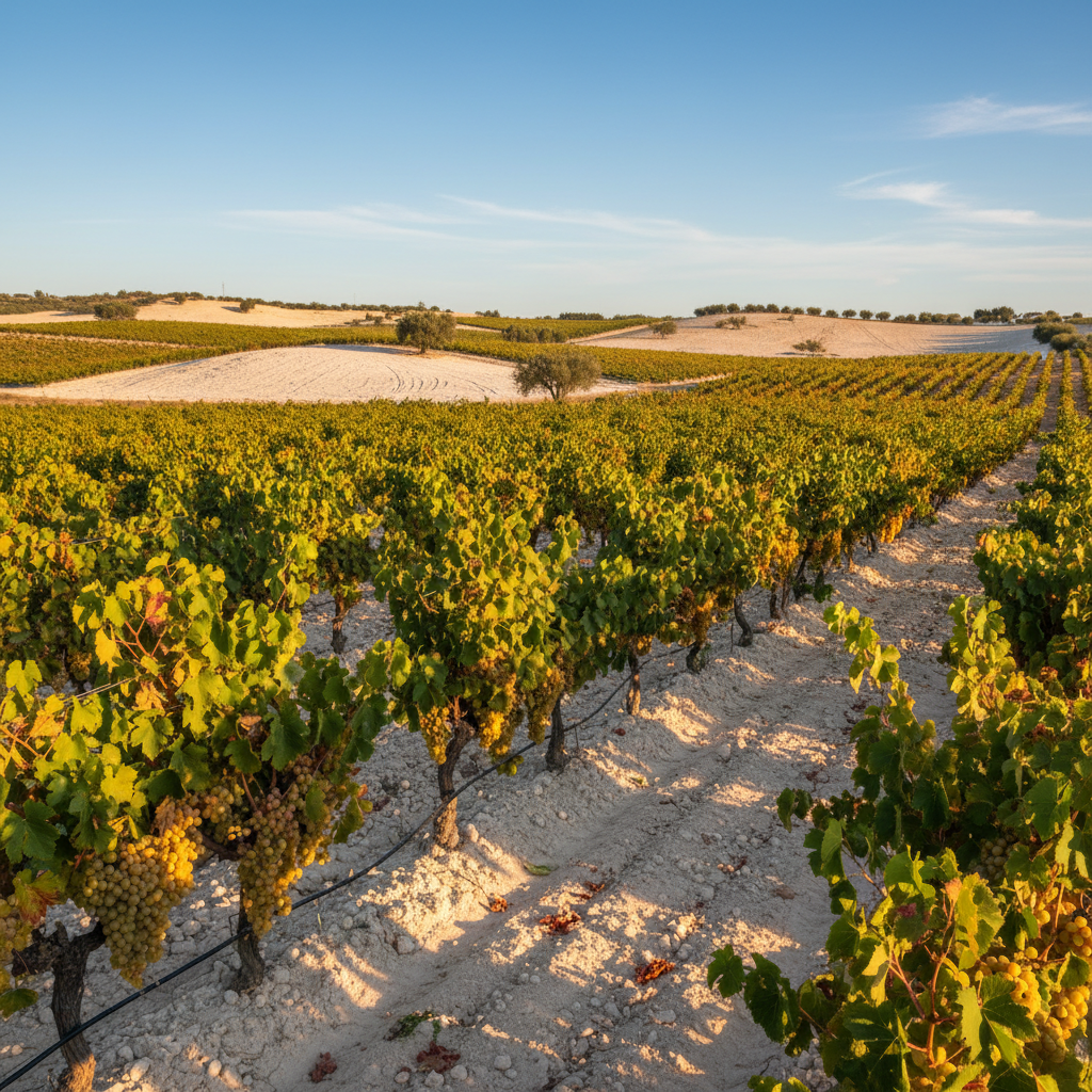 Vinhedo de uva Palomino Fino em Jerez, Espanha, com o solo branco de albariza e cachos de uvas maduras sob o sol.