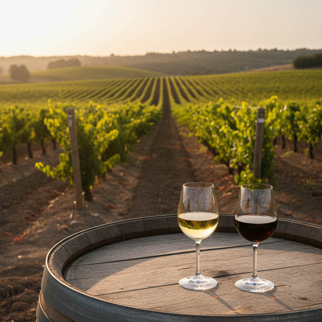 Duas taças de vinho, uma com Jerez Fino claro e outra com Jerez PX escuro, sobre um barril de carvalho em um vinhedo ensolarado de Jerez, Andaluzia.