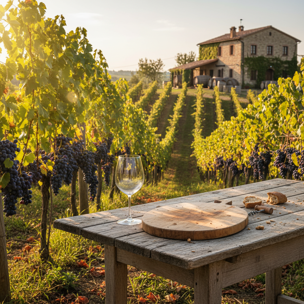 Cena rústica italiana com vinhedo e adega, um copo de vinho vazio sobre uma mesa de madeira, representando o ambiente de produção de vinho e queijo Pecorino.