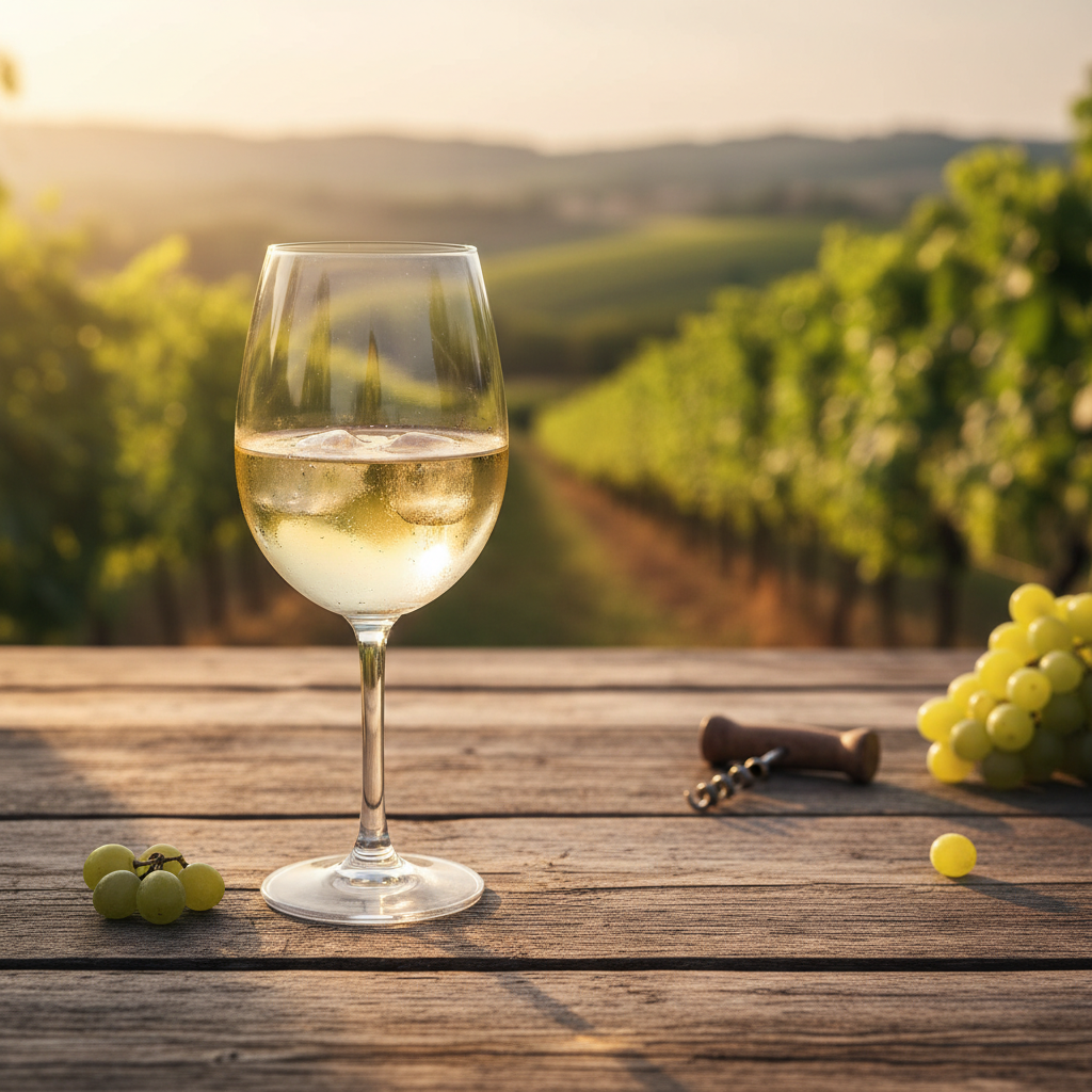Taça de vinho branco Pecorino gelado sobre mesa rústica de madeira, com vinhedo italiano ensolarado ao fundo em dia de verão.