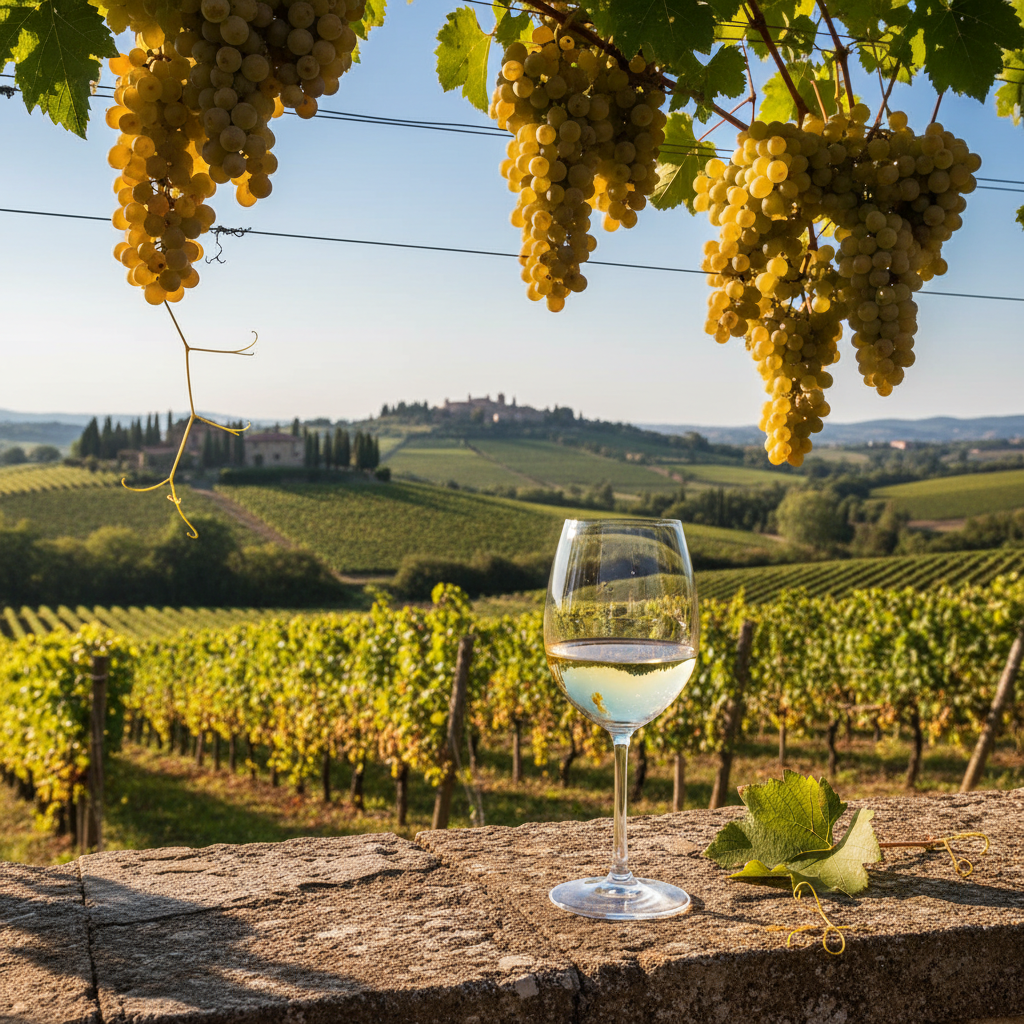 Taça de vinho branco em um vinhedo italiano ensolarado, com cachos de uvas brancas maduras ao fundo.