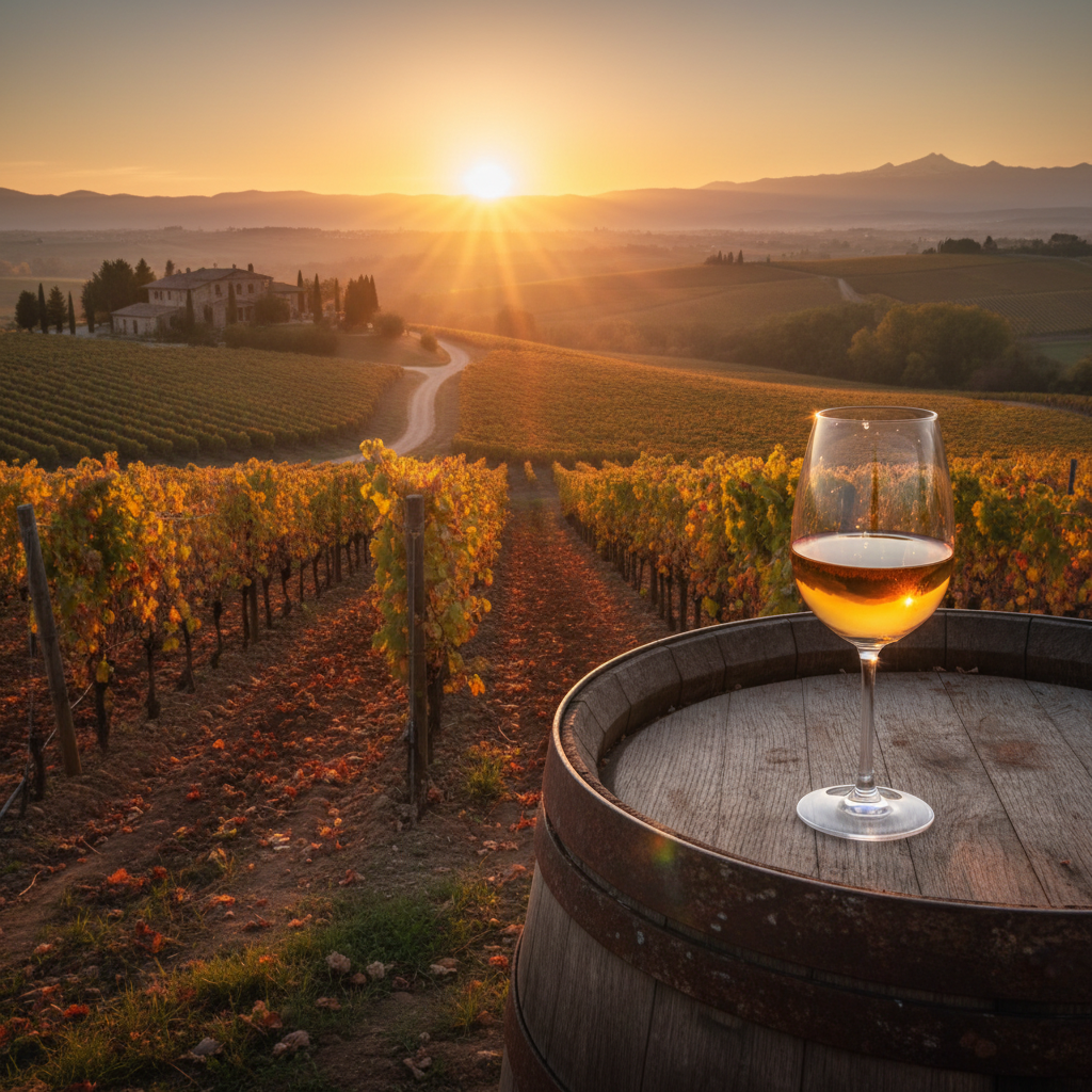 Taça de vinho dourado sobre barril rústico em um vinhedo expansivo sob o pôr do sol, simbolizando a jornada global da uva Pedro Ximénez.