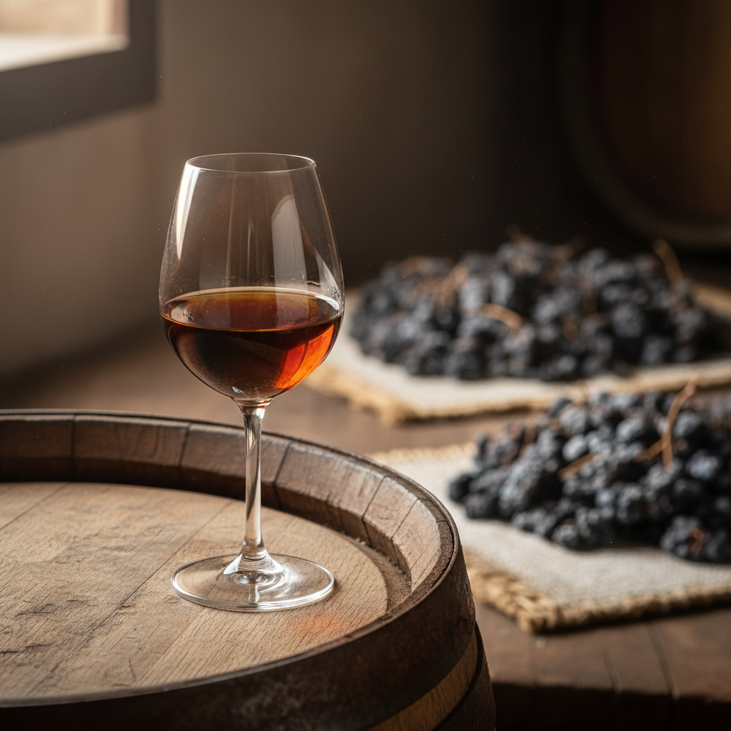 Taça de vinho Pedro Ximénez de cor âmbar profunda, repousando sobre um barril de madeira em uma adega espanhola, com uvas secas ao sol no fundo.