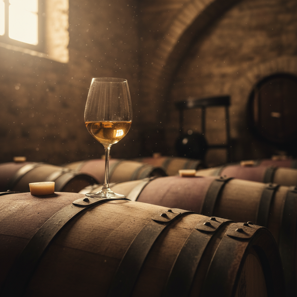 Taça de vinho branco Pedro Ximénez Seco sobre um barril de carvalho em adega rústica.