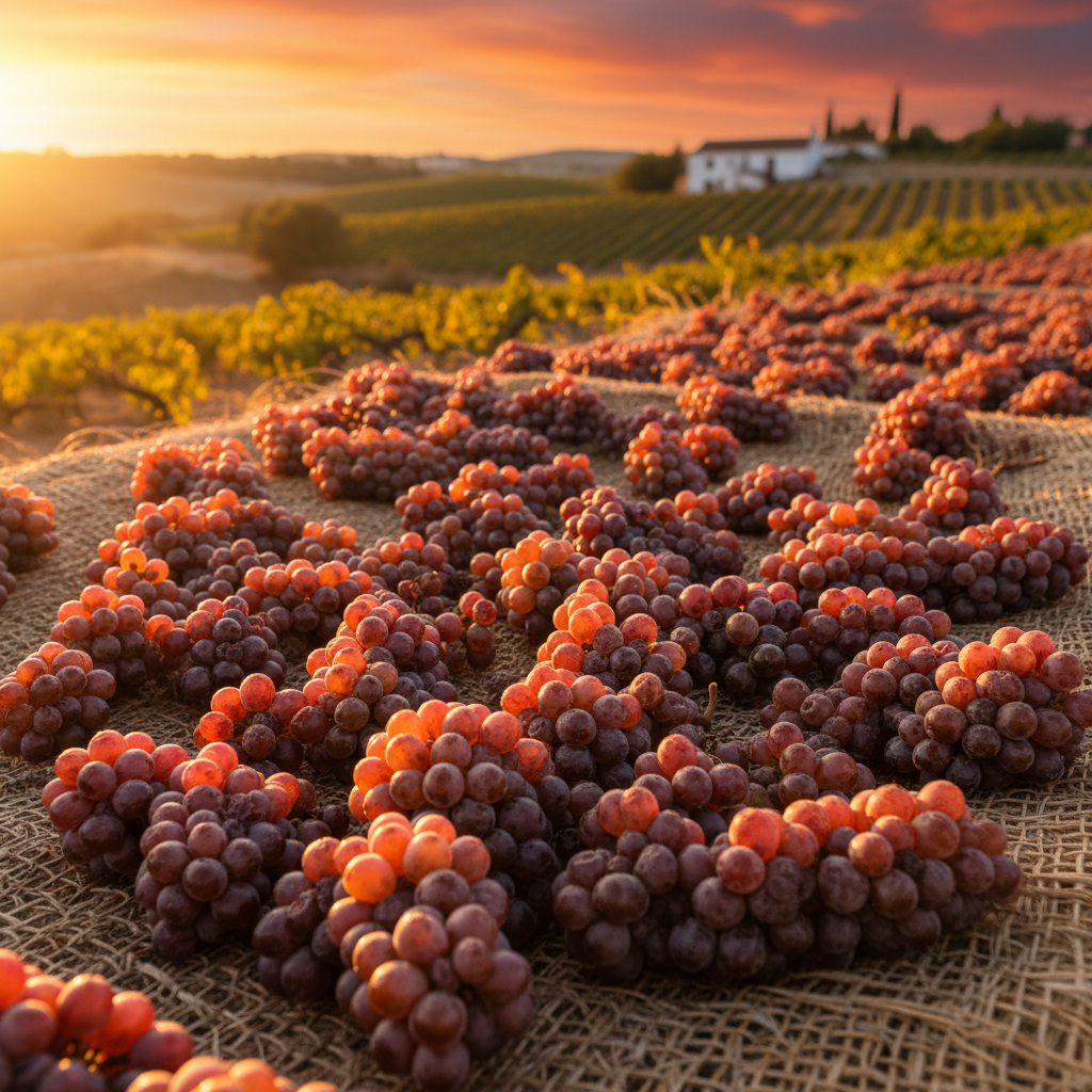 Uvas Pedro Ximénez secando em esteiras de esparto sob o sol da Andaluzia, com vinhedos desfocados ao fundo, ilustrando o processo de passificação.
